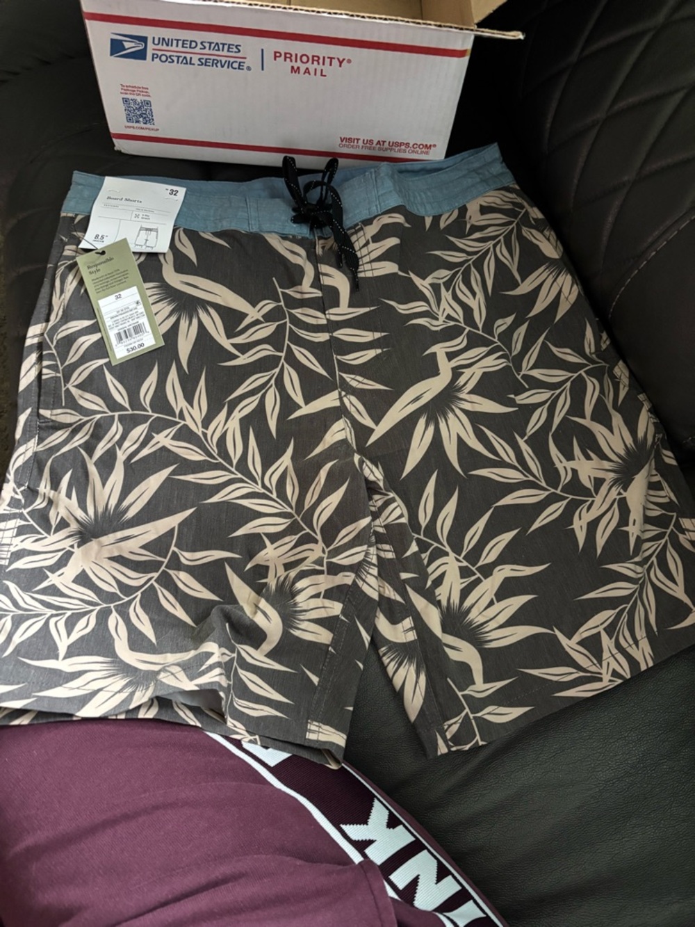 Men's Athletic Swim Shorts with Cream Tropical Print on Black - Unbranded